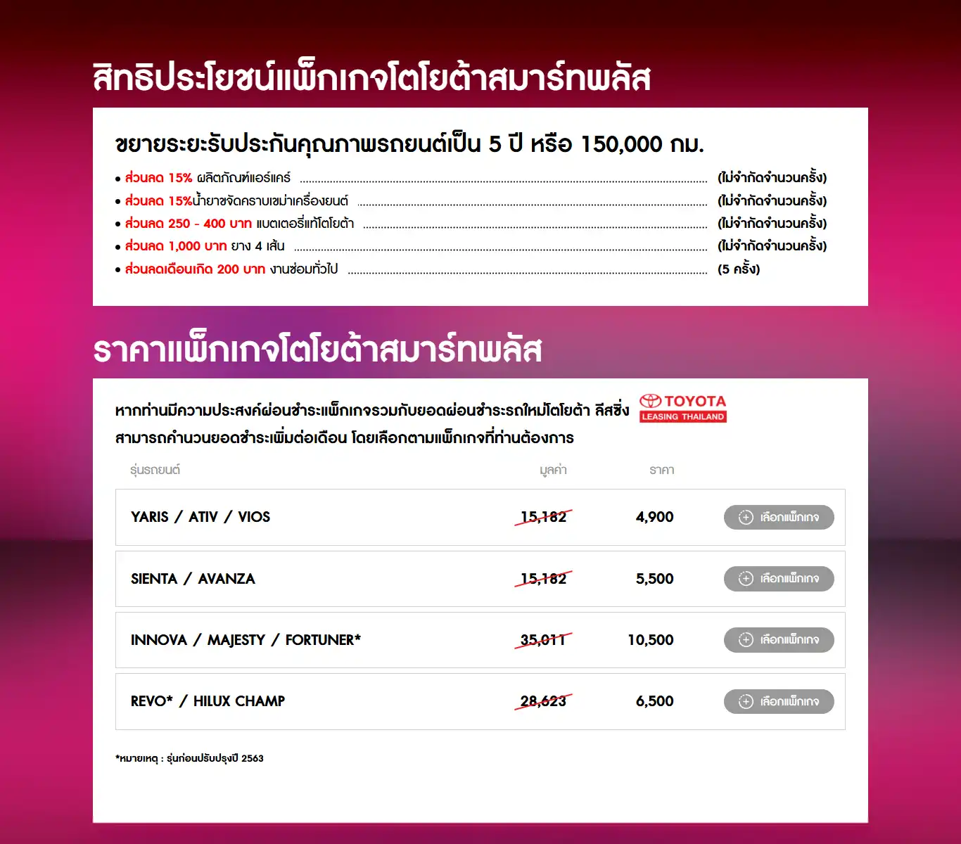 Toyota Smart Plus (โตโยต้า สมาร์ท พลัส) คือ โปรแกรมขยายระยะเวลาการรับประกันคุณภาพรถยนต์โตโยต้าจากปกติ 3 ปี หรือ 100,000 กม. เป็น 5 ปี หรือ 150,000 กม. (แล้วแต่ระยะใดถึงก่อน) พร้อมสิทธิประโยชน์เพิ่มเติม เช่น ส่วนลดค่าบริการและอะไหล่ต่างๆ เพื่อมอบความอุ่นใจและลดค่าใช้จ่ายในการบำรุงรักษารถยนต์ในระยะยาวให้แก่ลูกค้า. Toyota ขยายการรับประกัน: ขยายระยะรับประกันคุณภาพต่อเนื่องจากโปรแกรมปกติ เป็น 5 ปี หรือ 150,000 กม. คุ้มครองครอบคลุม: ครอบคลุมชิ้นส่วนสำคัญต่างๆ เช่น ระบบเครื่องยนต์, ระบบส่งกำลัง, ระบบเบรก, ระบบไฟฟ้า, ระบบปรับอากาศ ฯลฯ. สิทธิประโยชน์เพิ่มเติม: รับส่วนลดพิเศษที่ศูนย์บริการโตโยต้า เช่น ส่วนลดน้ำมันเครื่อง, แบตเตอรี่, ยางรถยนต์, และงานซ่อมทั่วไป. เคลมฟรี: การซ่อมหรือเปลี่ยนชิ้นส่วนที่เสียหายภายใต้เงื่อนไข รับประกันฟรีทั้งค่าแรงและค่าอะไหล่. เพิ่มความมั่นใจ: ช่วยลดความกังวลเกี่ยวกับค่าใช้จ่ายในการซ่อมแซมที่อาจเกิดขึ้นหลังหมดระยะรับประกันเดิม. เพื่อขยายความคุ้มครองให้รถยนต์ของคุณยาวนานขึ้น. เพื่อมอบความคุ้มค่าและบริการที่เหนือกว่าให้กับลูกค้าโตโยต้า. โปรแกรมนี้เหมาะสำหรับเจ้าของรถโตโยต้าที่ต้องการความคุ้มครองต่อเนื่องและส่วนลดบริการเพิ่มเติม เพื่อให้การดูแลรักษารถยนต์เป็นไปอย่างราบรื่นและประหยัดค่าใช้จ่าย